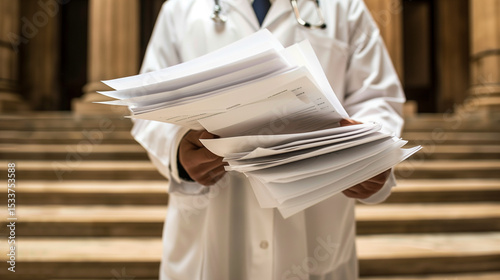 Close-Up Portrait of an Anguished Doctor Holding Medical Malpractice Lawsuit Documents with a Blurred Courtroom Background, Symbolizing Healthcare Litigation Stress
