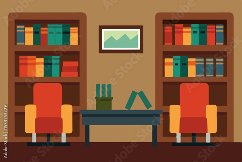 Serene Study Room  Bookshelves, Armchairs, and a Peaceful Workspace