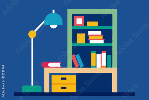 Cozy Home Office Setup Desk, Bookshelf, and Reading Lamp