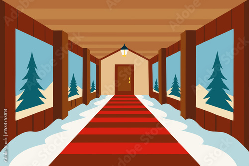 Enchanted Winter Wonderland Corridor A Festive Red Carpet Pathway to Cozy Cabin