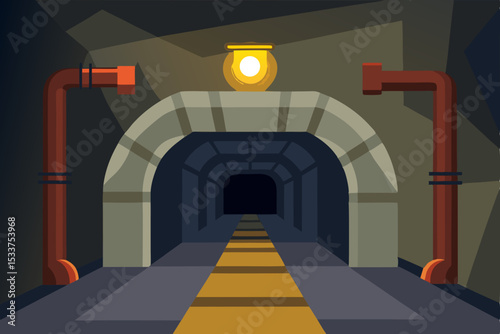 Mysterious Dark Tunnel An illustration of an underground passage with arched entryway, pipes, and a dim light
