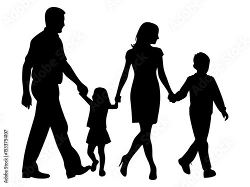 Family walking full black silhouette vector illustration design