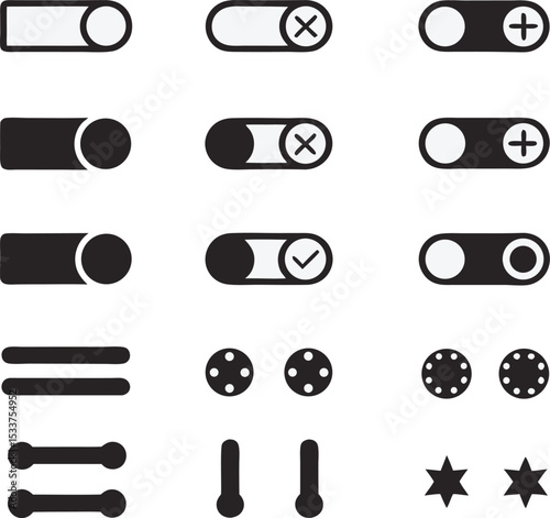 Collection of minimalist toggle switches plus other user interface icons for design elements and web applications