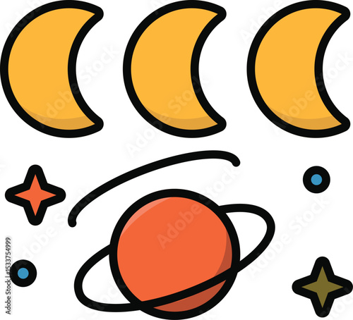 Lunar phases icon. Crescent moons and a planet representing the moon's cycle, astronomy, and celestial mechanics. Flat outline vector for astrology and science.