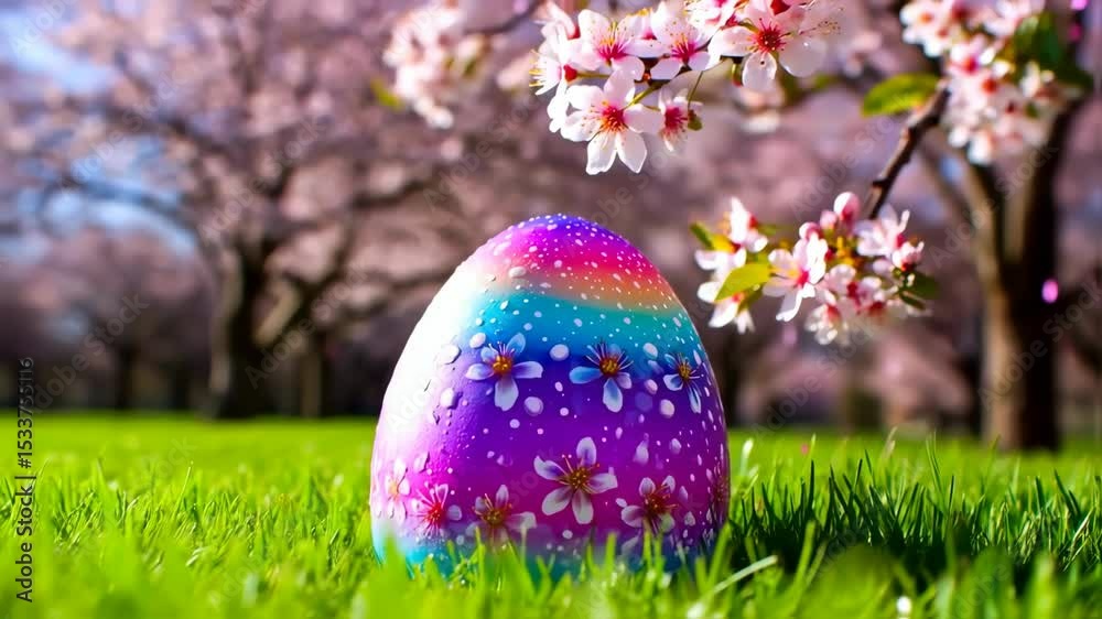 easter egg under cherry blossom tree with falling petals in spring