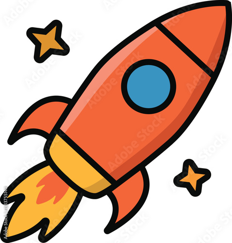 Space exploration icon. A cartoon rocket launching into space, symbolizing space travel, technology, and adventure. Flat outline vector for science and kids' themes.