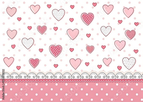 Pink white background with hearts and dots, seamless pattern, vector drawing
