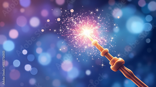 Enchanting moments a fairy godmother's wish granting in a sparkle-filled magical realm captured in a mesmerizing close-up of a wand evoking whimsy and wonder. Animal Kingdom Inspirations. Illustration