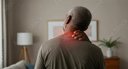  Senior Black man standing indoors with hand on neck and head tilted, red glow highlighting neck pain or stiffness in peaceful home interior