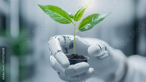 A robotic hand gently holds a small plant sprout growing from soil, symbolizing the fusion of technology and nature.