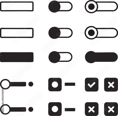 Minimalist vector icons for user interface design and web applications illustrating on off toggle buttons check and cross marks