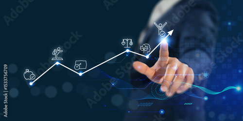 Wellness and longevity technology concept. Digital interface illustrates the path to wellness and longevity, personalized health, with icons; nutrition, exercise, sleep, mental balance and happiness.