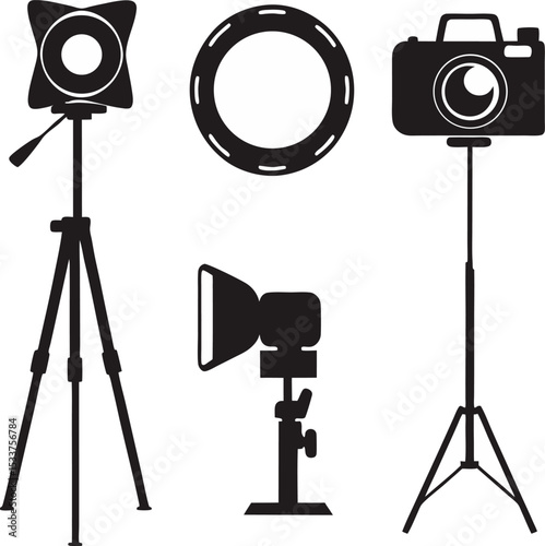 Photography studio equipment silhouettes including studio lights camera and ring flash for photo and video shoots