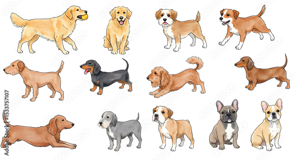 Fototapeta premium A collection of various dog breed silhouettes in different poses