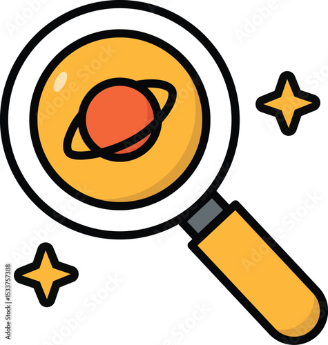 Astronomical discovery icon. A magnifying glass over a planet, symbolizing space exploration, research, and finding new celestial bodies. Flat outline vector.