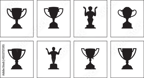 Black and white silhouettes of trophies and awards representing success and achievements