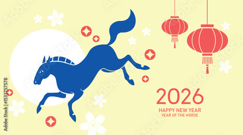 Chinese new year 2026 modern card design. Lunar new year 2026 minimalist banner vector illustration with zodiac horse on hanging lanterns background.