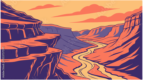 Scenic Canyon River Landscape Design featuring a winding river flowing through majestic cliffs at sunset ideal for branding or logos