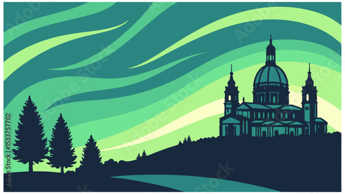 Majestic Cathedral under Aurora Borealis design perfect for branding logos and stylish prints