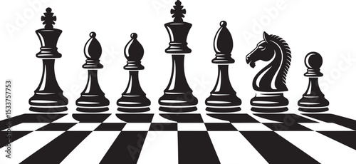 Black chess pieces arrayed on chessboard ready for strategic gameplay illustration