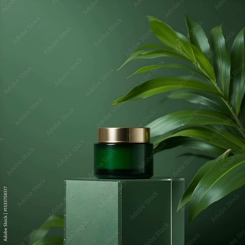 Green glass cosmetic jar with tropical leaves Green glass cosmetic jar with tropical leaves