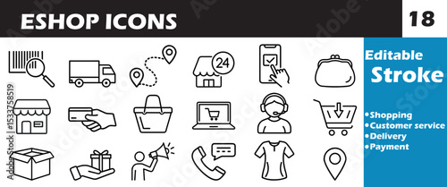 E-commerce Icon Set Online Shopping Delivery Payment and Customer Service Editable Stroke for Designs