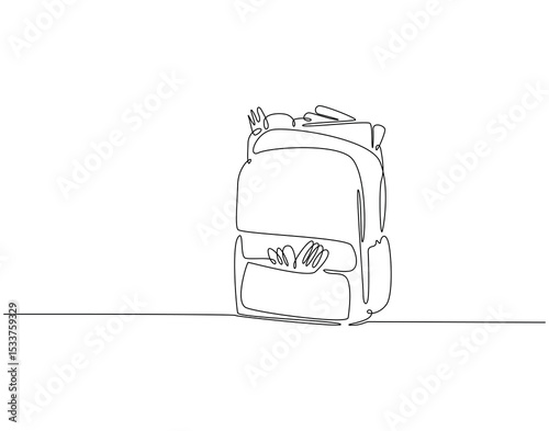 Continuous one line drawing of opened backpack with stationary. One line drawing illustration of backpack and school tools. School accessory, back to school concept single line. Editable outline