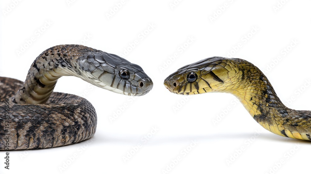 Fototapeta premium A deadly duel between a cobra and a python in the underbrush, coiled and striking, jungle floor details, tension and motion, on white background