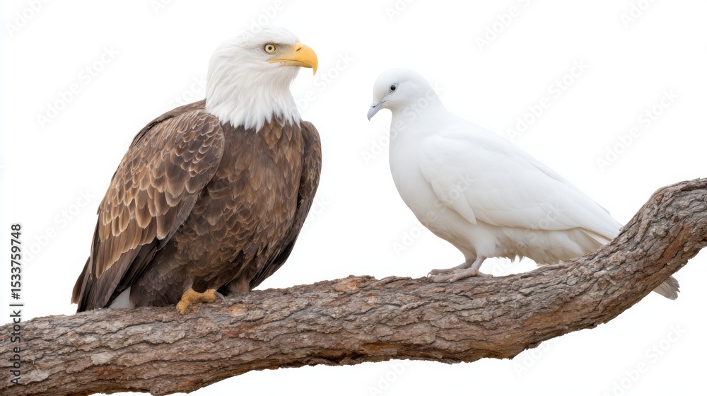 Obraz premium A powerful eagle and a gentle dove resting side by side on a tree branch, golden evening light, symbol of strength and peace coexisting, on white background