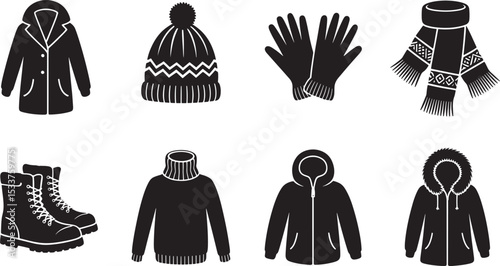 Monochrome vector illustration of winter clothing and accessories for cold weather seasons
