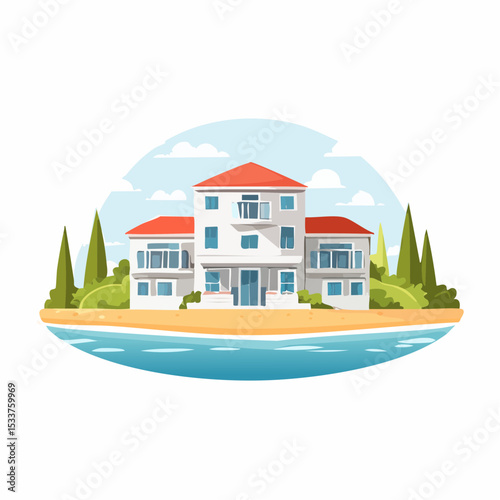 housing on the coast landscaped vector illustration graphic design, resort or residence at seafront