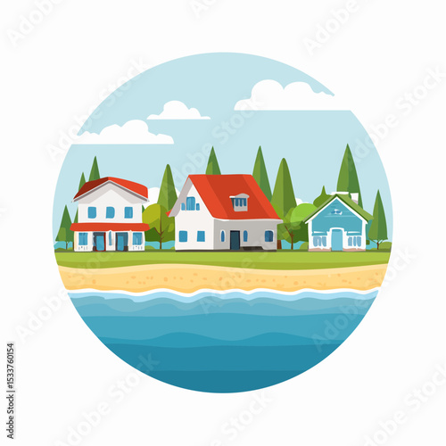 housing on the coast landscaped vector illustration graphic design, resort or residence at seafront