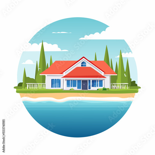 housing on the coast landscaped vector illustration graphic design, resort or residence at seafront