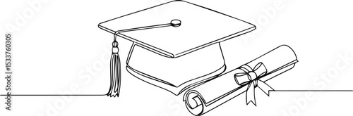 Minimalist One-Line Drawing of Graduation Cap and Diploma
