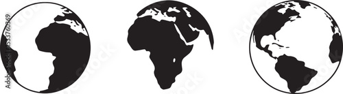 Simple black and white illustrations of the globe showing different views of earth