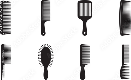 Various hair combs silhouettes in black isolated on white for beauty and hair care