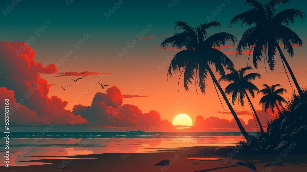Obraz premium Serene Sunset Over Tropical Beach with Palm Trees and Calm Waters