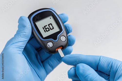 Hand of a doctor in blue gloves using a digital glucose meter to check the sugar level on a patient's finger.