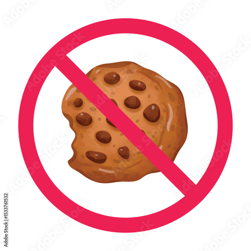 Forbidden sign with chocolate chip cookie icon, no biscuits allowed sign, cookies prohibition symbol, forbidden purse sign, do not eat sweets, don't eat sweet food