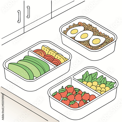 Meal prep containers with colorful food