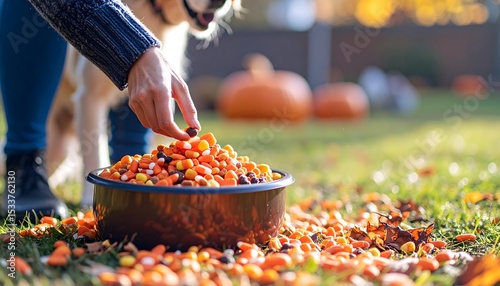 Halloween Treats Being Placed in Bowl for Pet with Thematic Background