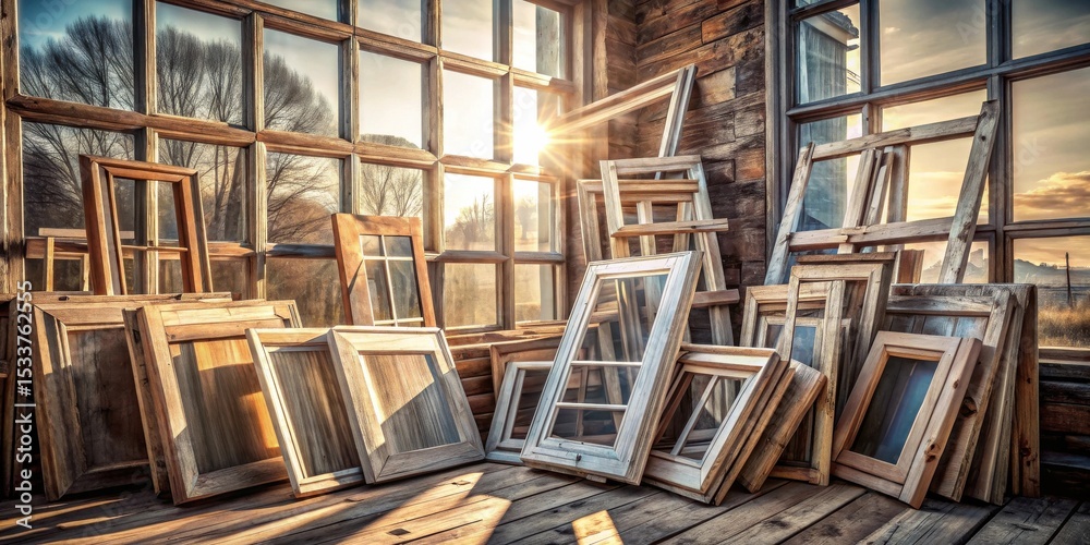 Fototapeta premium Rustic wooden window frames and panes stacked near a sunlit window in a weathered wooden structure