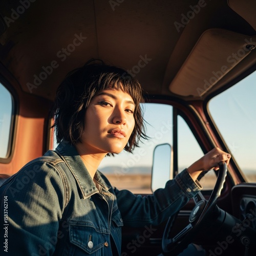 a close up of a cool asian woman driving an old pickup in desert as the concept of endless road trip