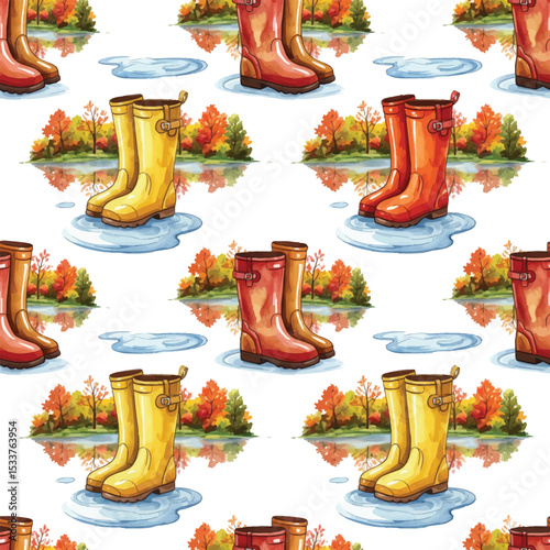 Watercolor Rain Boots and Autumn Puddles Seamless Pattern