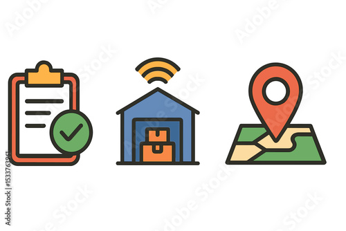 Logistics icons set: checklist, warehouse, and location map symbols