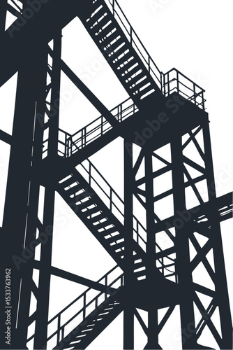 Silhouette of an industrial metal framework with intricate stairs and platforms. Vector graphic, architectural design. Stark black on white background.