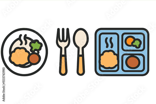 Minimalistic food icons: plate, cutlery, and food tray illustration