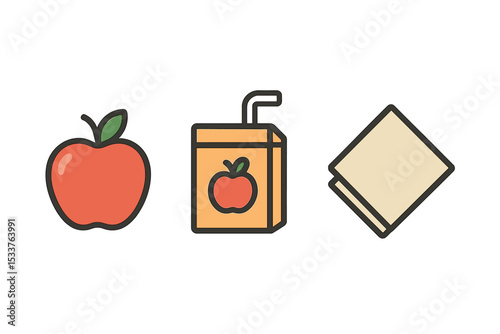 Apple, juice box, and napkin icons on gray background