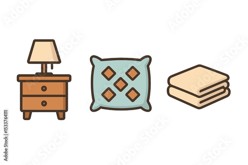 Bedroom essentials icon set: lamp, pillow, blanket on gradient background