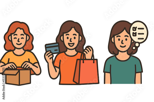 Female shopping process icons: asian young woman with package, credit card, bags, list